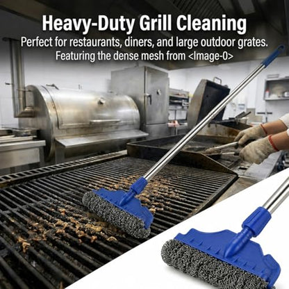 Stainless Steel Scrubber with 48" Long Handle, Heavy Duty 12.6" Widened Wire Mesh Broom for Commercial Kitchen, Garage Floor Oil Stain, Outdoor Patio, Griddle Cleaner, Pack of 1 Pole & 2 Refills