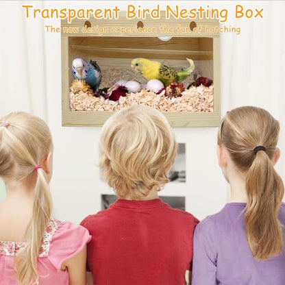 PINVNBY Large Natural Wood Parakeet Nesting Box Budgie Breeding Box Acrylic Bird Nest for Cage Transparent Panoramic for Birds, Parrots, Cockatiels, Lovebirds, Canaries (L: 11.8 x 5.7 x 5.9 inch) - size: L: 11.8 x 5.7 x 5.9 inch