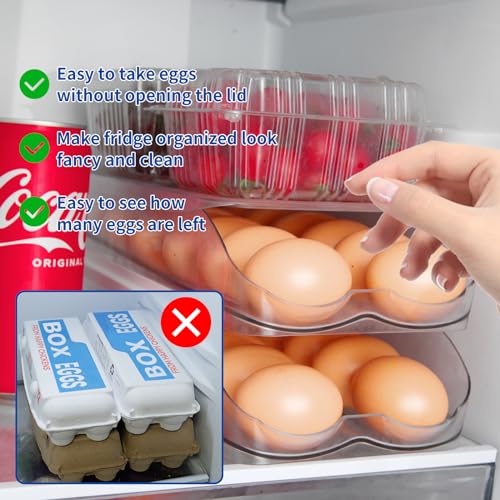 MesRosa Egg Holder for Fridge, Automatic Rolling Egg Organizer for Refrigerator, Clear Plastic Egg Container & Tray, Stackable Dispenser and Storage Bin with Sturdy Lid to Saving Space -2 Layer - size: 2 Layer Holder 28 Eggs