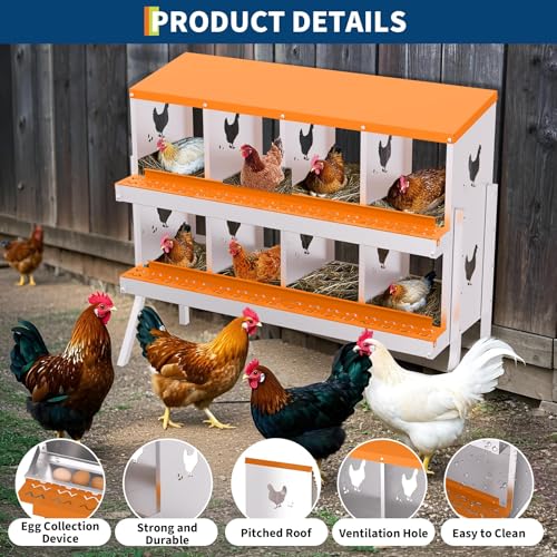 8 Compartment Chicken Nesting Box, Galvanized Steel Metal Laying Box with Removable Tray Roll-Out Egg Collection, Wall Mount Hen Roosting Box, Easy Egg Collection - color: Orange, size: 8 holes with legs