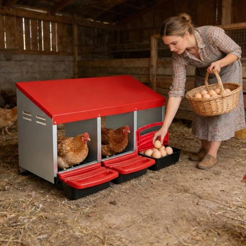 Chicken Nesting Box, 3 Compartments Metal Roll Away Nest Box with Lid for Chicken Coop,Wall Mounted/Stand Use
