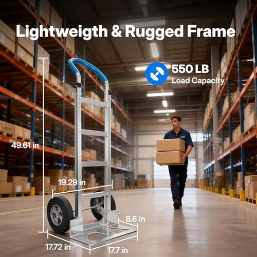 Heavy Duty Aluminum Hand Truck – 550 lbs Capacity, Ergonomic Curved Handle, 10" Solid Rubber Wheels, Beveled Nose Plate for Easy Loading & Transport