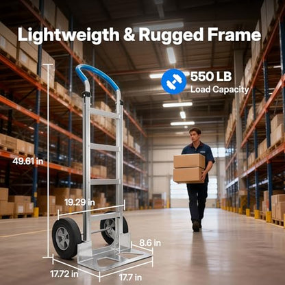 Heavy Duty Aluminum Hand Truck – 550 lbs Capacity, Ergonomic Curved Handle, 10" Solid Rubber Wheels, Beveled Nose Plate for Easy Loading & Transport
