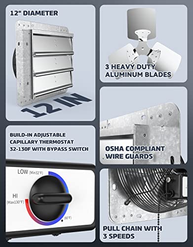 iLIVING 12" Wall Mounted Shutter Exhaust Thermostat Control-3 Speeds Vent Fan For Home Attic, Shed, or Garage Ventilation, 960 CFM, 1200 SQF Coverage Area, Variable, Silver - style: 12" Fan w/ Thermostat