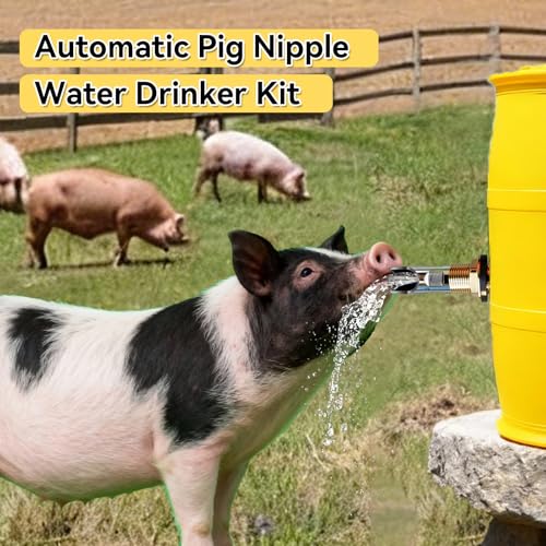 4PCS Pig Water Nipple,Automatic Pig Nipple Drinkers Kit Stainless Steel Pig Nipple Waterer Feeder for Barrel Kit with Brass Water Tank Connectors Hog Water Drinker System for Hog Goat Sows Piglets