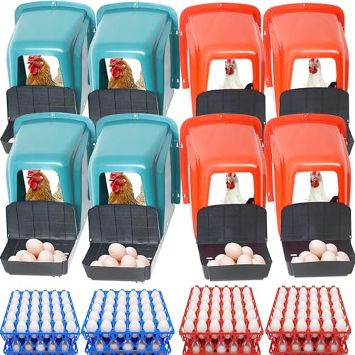 8-Pack Roll Away Chicken Nesting Boxes with 8 Egg Trays (30-Egg Capacity Each), Durable Plastic Nesting Boxes for Hens, Chicken Coop Accessories with Perch for Easy Egg Collection