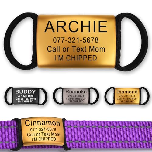 Personalized Engraved Stainless Steel Pet Tag, Sliding Silent Pet ID Tag, Elastic Fabric Band-Not Easy to Break, Fits Most Pet Collars, 3 Sizes, Customizable with Name/Number/Adress(Gloden) - color: Gloden