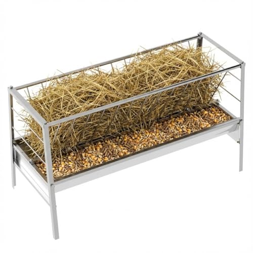 85 Gallon Pasture Hay Feeder Livestock Feeder, 5 FT Stainless Steel 2 in 1 Hay Rack with Feed Pan, Outdoor Farm Feed Trough for Goats, Sheep, Mini Horses