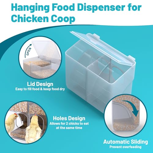 Automatic Chicken Feeder, Hanging Food Dispenser for Chicken Coop, No Waste Feeder with 2 Holes, Coop Accessories for Keep Food Dry & Keep Coop Tidy