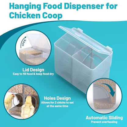 Automatic Chicken Feeder, Hanging Food Dispenser for Chicken Coop, No Waste Feeder with 2 Holes, Coop Accessories for Keep Food Dry & Keep Coop Tidy