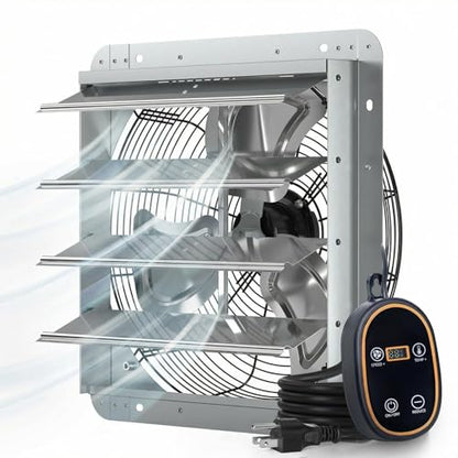 Amico 16" Smart Shutter Exhaust Fan with Thermostat & 8 Speed, 2128 CFM (Up to 3000 Sq.Ft), 68W Premium EC Motor, Wall Mount Garage/Attic/Greenhouse/Warehouse Vent Fan, Plug & Play, FCC - size: 16 inch