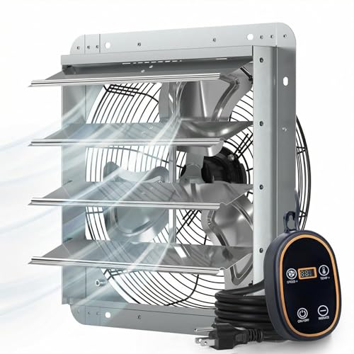 Amico 16" Smart Shutter Exhaust Fan with Thermostat & 8 Speed, 2128 CFM (Up to 3000 Sq.Ft), 68W Premium EC Motor, Wall Mount Garage/Attic/Greenhouse/Warehouse Vent Fan, Plug & Play, FCC - size: 16 inch