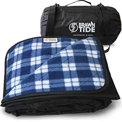 BRAWNTIDE Large Waterproof Outdoor Blanket, Extra Thick Fleece, Warm, Windproof & Sandproof, Quilted Stadium Blanket for Sports Events, Beach, Camping, Picnics, Dogs & Car, 82" x 55 - color: Plaid Blue
