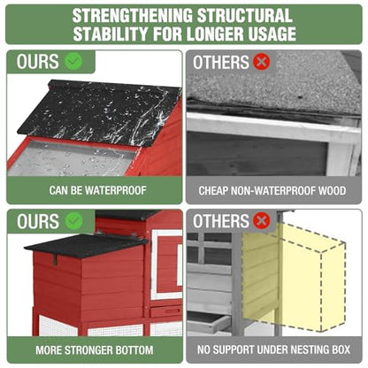 Chicken Coop with Wheels,Outdoor Hen House with Waterproof Asphalt Roof, Wooden Poultry Enclosure with Easy-Clean Slide-Out Tray,Poultry Cage with Nesting Boxes for Duck Rabbit Chicken