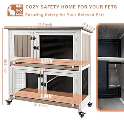 Gowoodhut 36" L Rabbit Hutch Indoor Wooden 2 Story Bunny Hutch Rabbit Cage Outdoor Bunny Cage on 4 Metal Wheels and 2 Deeper Pull Out Trays, Ramp, Guinea Pig Pet House for Small Animals, Grey - size: 36.0"L x 17.7"W x 36.2"H