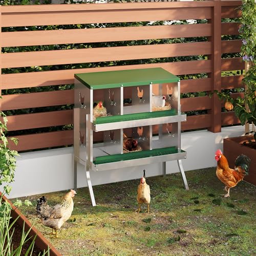 Chicken Nesting Box,6 Compartments Galvanized Steel Metal Chicken Laying Box with Roll Out Egg Collection,Wall Mount Chicken Nesting Boxes,Easy Egg Collection, Hen Roosting Boxes - color: Green, size: 6 Holes with Legs
