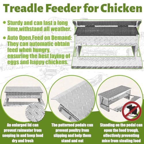 Treadle Chicken Feeder Automatic Large Poultry Feeders Capacity Treadle Self Opening Pou with Weatherproof Lid Rain Cover for Roosters Pheasant Chicken Outdoor Coop Silver Full Aluminum(18lbs/5000g) - size: 18LB Capacity