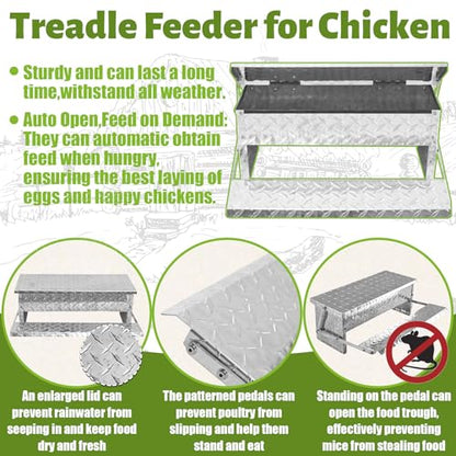 Treadle Chicken Feeder Automatic Large Poultry Feeders Capacity Treadle Self Opening Pou with Weatherproof Lid Rain Cover for Roosters Pheasant Chicken Outdoor Coop Silver Full Aluminum(18lbs/5000g) - size: 18LB Capacity