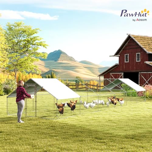PawHut 39' x 10' x 6.4' Large Chicken Coop Metal Chicken Run for Chickens with 420D Waterproof and Anti-UV Cover, Spire Shaped Walk in Fence Cage Hen House for Outdoor and Yard Farm Use, 1" Dia - size: 472.4"L x 118.1"W x 76.8"H