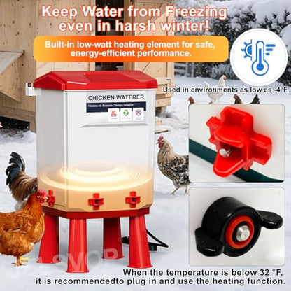 Heated Chicken Waterer, 7L Chicken Water Heater Bucket for Winter with 4 Nipple Drinkers, Anti-Freezing, Winter and Summer Dual-use, Automatic Heated Poultry Drinker for Coop (Red) - size: 1.9 Gallon