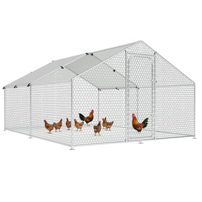 Large Metal Chicken Coop Run with Roosting Perch, 13x9.8x6.4 Outdoor Poultry Cage Pen with Waterproof and UV-Resistant Cover for Chickens Use, Spire Roof - size: 157.0"L x 118.0"W x 78.0"H
