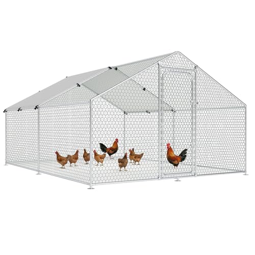 Large Metal Chicken Coop Run with Roosting Perch, 13x9.8x6.4 Outdoor Poultry Cage Pen with Waterproof and UV-Resistant Cover for Chickens Use, Spire Roof - size: 157.0"L x 118.0"W x 78.0"H