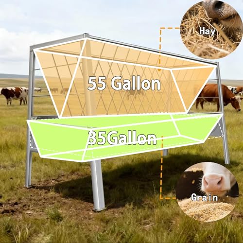 Upgraded 2 in 1 Livestock Pasture Feeder, Premium Stainless Steel Goat Hay Feeder, 5FT Long Feed Horse Hay Feeder with Durable Frame, Hay Rack for Horses,Foal,Cows, Goats