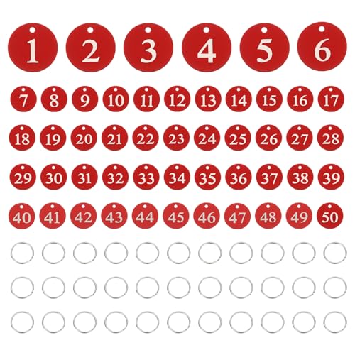 PATIKIL 50PCS Number Tags 1-50, Number Key Tags Aluminum Numbered Keychain Metal Round with Key Rings for Organizer Field Sales Hangers Clothes Labels ID, Red - color: Red