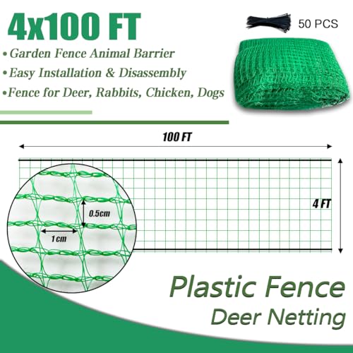 Garden Fence Temporary Fence, 4'x100' with 50 Zip Ties, Plastic Fencing Safety Fence Snow Fence, Construction Fencing for Yard, Deer, Pet, Rabbits, Chicken, Dogs, Animal Barrier, Green - size: 4ftx100ft