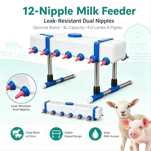 Lamb Beverage Feeder, Calf's Milk Drink, Corral Feeder Cattle Breeding Feed, 12 Head with Holder, Also Included are 10 Nipples. 9l Large Capacity Milk Box, for Farm Ranch