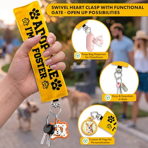 Adopt Me I'm a Foster Dog Leash Wrap, Highly Visible Yellow Warning Sleeve with Heart Snap Hook, Durable Double-Sided Canvas Lead Cover for Foster Pets and Rescue Dogs (Adopt Me I'm a Foster) - color: Adopt Me I'm a Foster