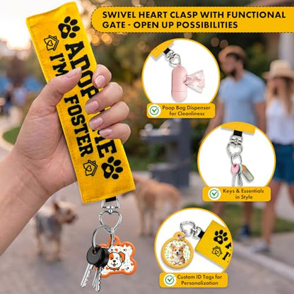 Adopt Me I'm a Foster Dog Leash Wrap, Highly Visible Yellow Warning Sleeve with Heart Snap Hook, Durable Double-Sided Canvas Lead Cover for Foster Pets and Rescue Dogs (Adopt Me I'm a Foster) - color: Adopt Me I'm a Foster