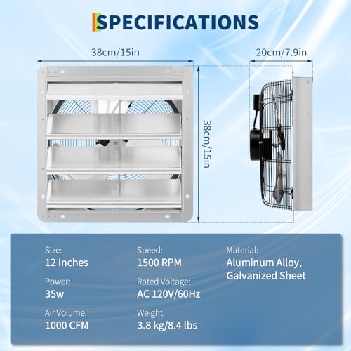 OUTLANE High-Efficiency Industrial Shutter Exhaust Fan - Automatic Wall-Mounted Ventilation - Quiet High-Speed Motor - Powerful Airflow for Garage, Attic, Greenhouse, Workshop, Enclosure, Commercial - size: 12IN