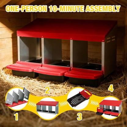 Aivituvin Chicken Nesting Box, 3 Compartments Chicken Egg Laying Box, Metal Nesting Boxes with Swing Perch for Chickens, Roll Away Egg Collection for Chicken Coop (Red) - color: Red