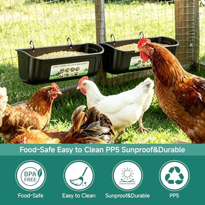Chicken Feeder Trough, Hanging Fence Feed Trough for Livestock Poultry, Chicken Feeder Waterer Bucket for Goat Sheep Deer Poultry Duck Gooses（ 2 * 2.7 Quart ） - color: Black