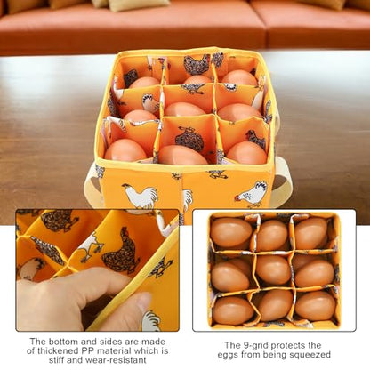 Removable Egg Collecting Basket, Egg Basket for Gathering Fresh Eggs with 9 Pouches, Foldable Canvas Egg Holder, Collector Egg for Chicken, Duck, Goose, Collection (Yellow-flowered Chicken) - style: Yellow-flowered Chicken