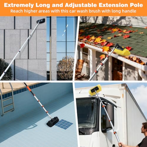 16FT Car Wash Brush with Long Handle Aluminium Telescoping Pole Angle Adapter with 2 Pcs 12" Soft and Hard Bristle Scratch-Free for Cleaning Car Truck RV House Floor Window Roof Solar Panels - size: 16 FT