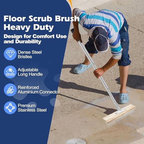 Floor Scrub Brush, Deck Brushes for Scrubbing Heavy Duty, Concrete Scrubber Outdoor Broom, Metal Wire Pool Brush Stainless Steel, Garage Patio Gunite Tile Algae Moss Cleaning Tool Long Handle