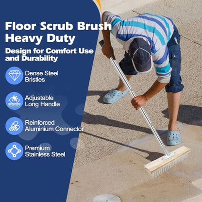 Floor Scrub Brush, Deck Brushes for Scrubbing Heavy Duty, Concrete Scrubber Outdoor Broom, Metal Wire Pool Brush Stainless Steel, Garage Patio Gunite Tile Algae Moss Cleaning Tool Long Handle
