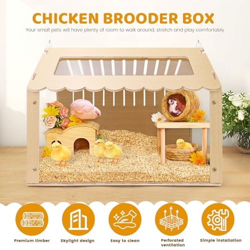 Chicken Brooder Box, Brooder Box for Chicks, Wooden Quail Cage for Hamsters, Ducklings, Hedgehogs and Lizards, Skylight Design Chick Coop, Baby Chicken Supplies (Only Box) (Transparent)