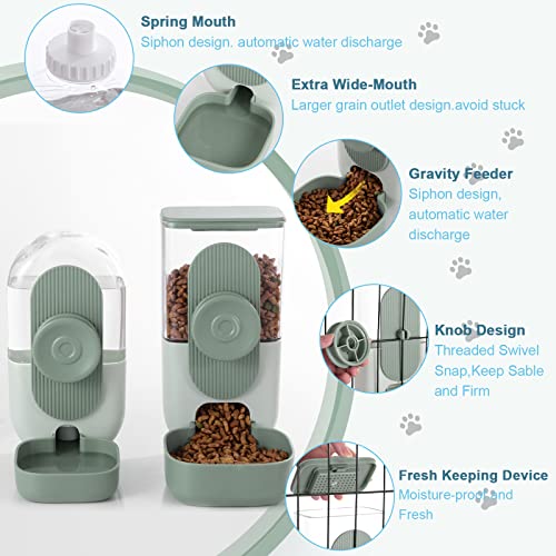 Lemtrflo Hanging Automatic Food and Water Dispenser, Gravity Rabbit Feeder Set, Cage Cat and Bunny Food Bowl (Cage Grid Spacing Over 1.2'') - color: Green
