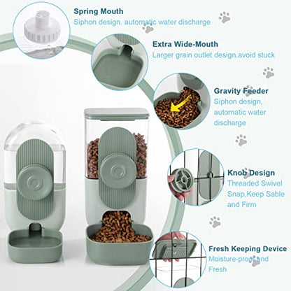 Lemtrflo Hanging Automatic Food and Water Dispenser, Gravity Rabbit Feeder Set, Cage Cat and Bunny Food Bowl (Cage Grid Spacing Over 1.2'') - color: Green