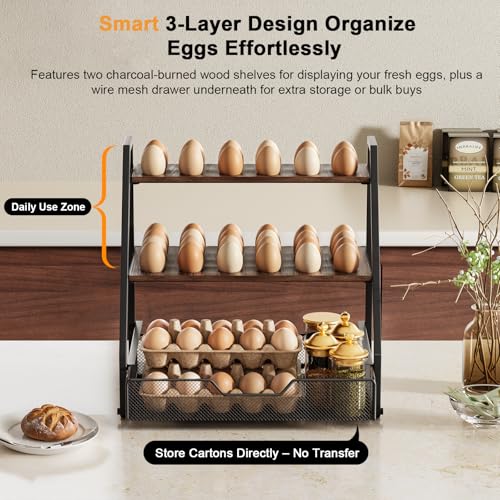 3-Tier Wooden Fresh Egg Holder Countertop With Basket for 36+90 Eggs, Storage for Countertop with Carry Handle for Gathering 150+ Fresh Eggs - size: 3 Tiers