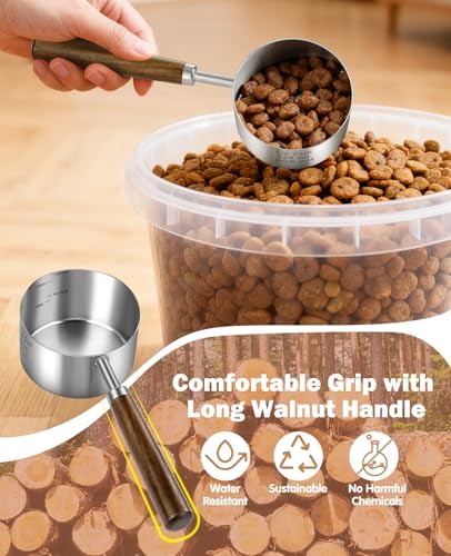 Stainless Steel Dog Food Scoop 1/2 Cup, Dog Food Measuring Cup With Measuring Lines & Long Wooden Handle, Metal Pet Food Scoop For Dogs, Cats and Kitchen Use (1/2 CUP) - size: 1/2 CUP