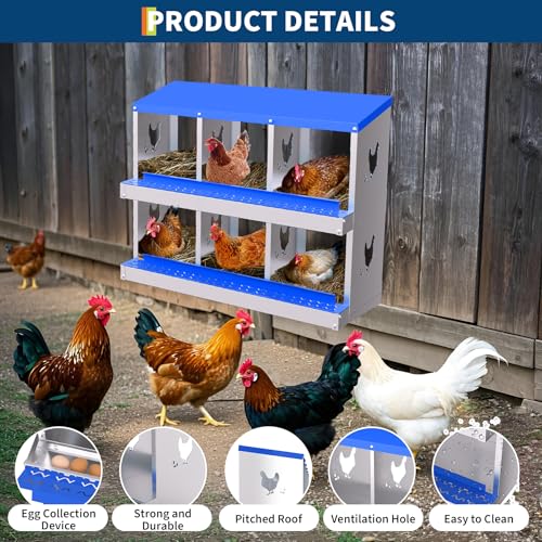 Garvee Ventilated Metal Chicken Nesting Box – 6 Compartments, Roll Away Egg Laying Box, Perch & Lid, Easy Clean & Install, for Poultry Coops, Without Bracket, Blue - color: Blue, size: 6 holes