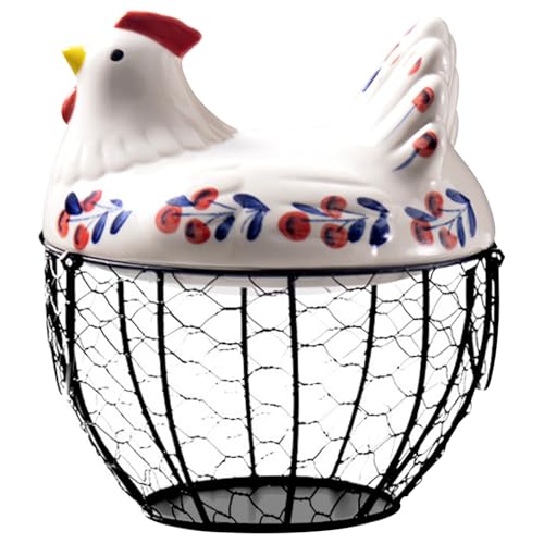 Ceramic Egg Holder, Hollow-Out Wire Chicken Egg Holder with Chicken Shaped Lid, Non Slip Basket Countertop with Handle for Gathering Fresh Eggs
