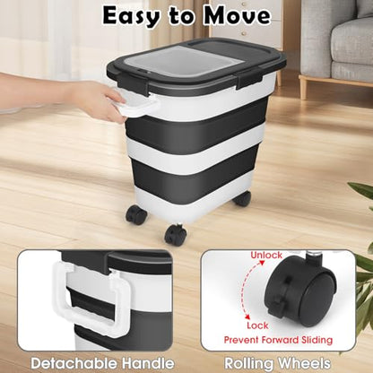 Dog Food Storage Container, 25Lbs Large Collapsible Pet Cat Food Container with Airtight Lids Wheels Handle Scoop Measuring Cup Small Container, Rice Kitchen Dry Food Storage Dispenser Bin (Black)