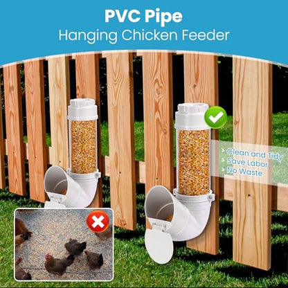 Automatic Chicken Feeder No Waste 6 Pounds Duty PVC Gravity Poultry Chicken Coop Feeder, Wall Mounted Visible Gravity Fed Poultry Feeder Tube with Rain Cover for Ducks Turkeys Geese Quails