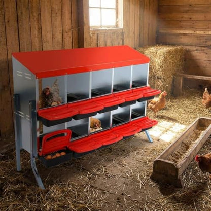 GarveeHome 2-Tier Chicken Nesting Box, 10 Compartment Metal Chicken Laying Boxes with Waterproof Roof ＆ Removable Trays for Hens, Poultry，Easy Egg Collection - color: Red, size: 10 holes with legs