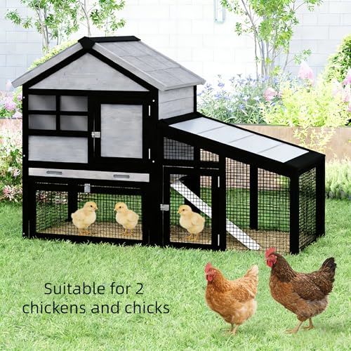 Chicken coop and activity area, dual-level rabbit cage for indoor/outdoor use, accommodates 2-3 chickens. Includes ramp and leak-proof deep-draw tray. Suitable for chicks and rabbits (black). - size: 53.5"L x 23.6"W x 38.2"H